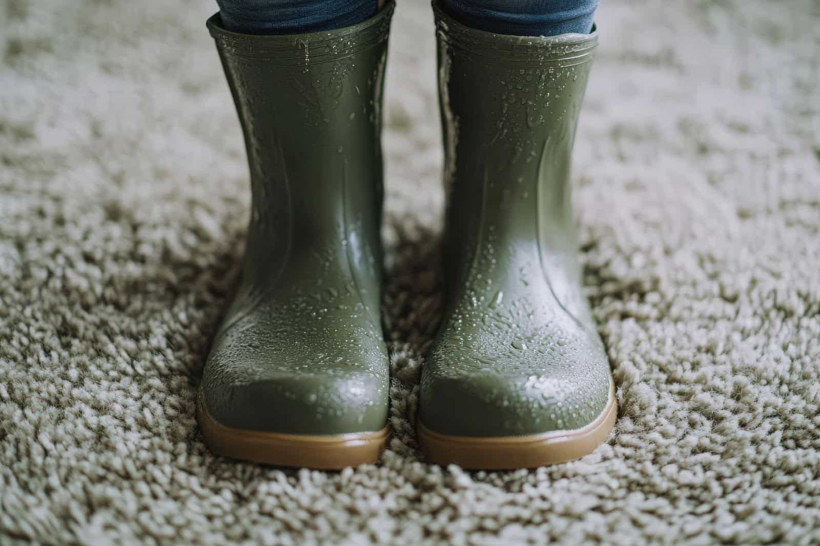 A person in green rain boots stands on textured carpet, contrasting footwear and flooring