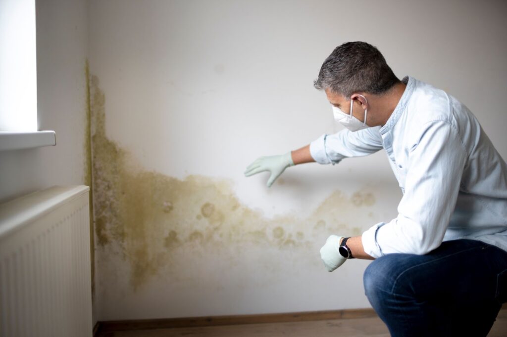 Man in white shirt and gloves cleaning mold from wall smoke damage restoration awareness.
