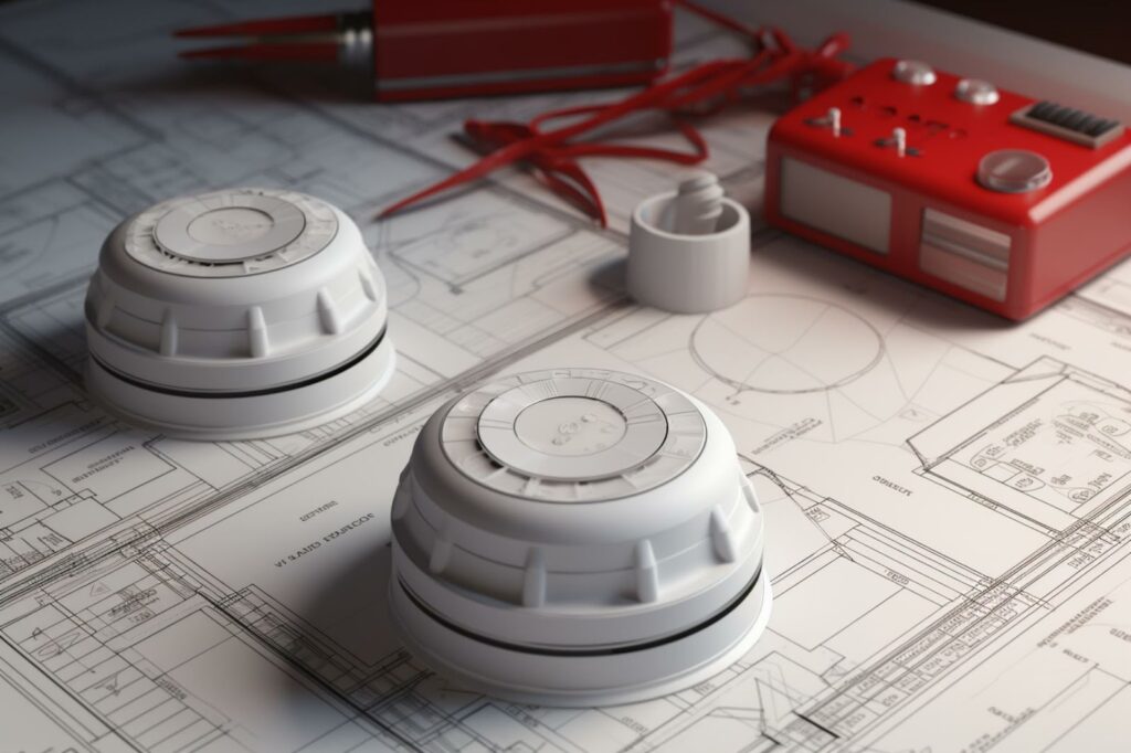 Red and white electrical device on blueprint, used by experts for smoke damage prevention and restoration