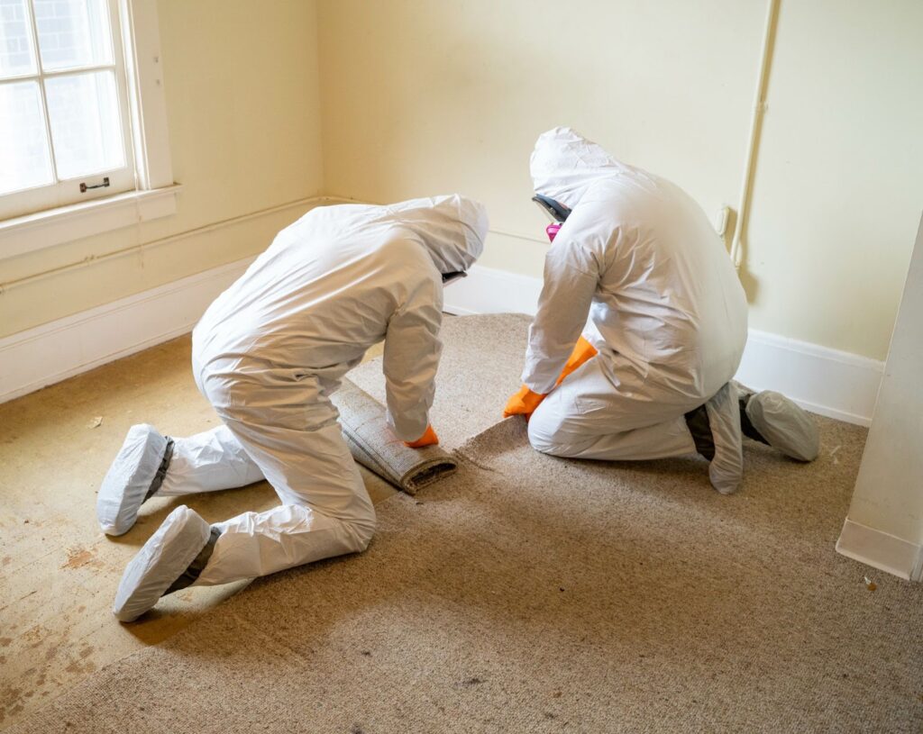 Two professionals in white protective suits performing carpet cleanup and total restoration services