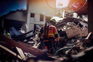 A firefighter in front of rubble, symbolizing restoration services by damage restoration companies.