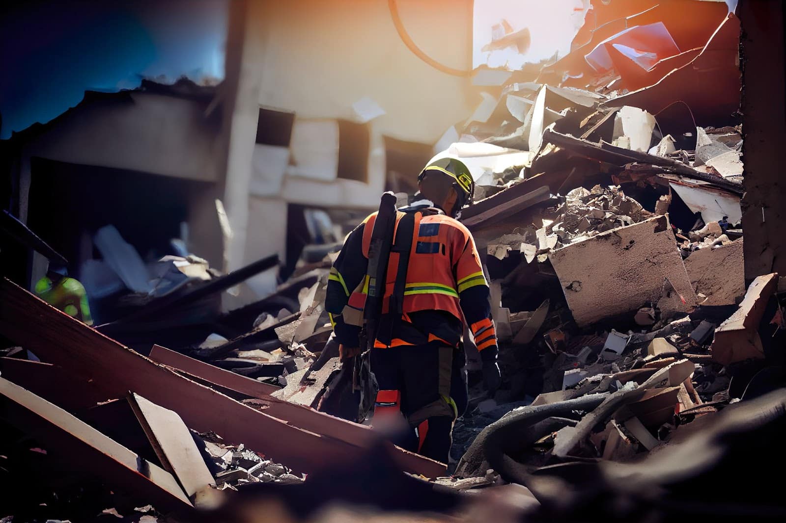 A firefighter in front of rubble, symbolizing restoration services by damage restoration companies.