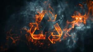 Biohazard-related burning recycling symbol on black background, symbolizing protection, effects, and property damage