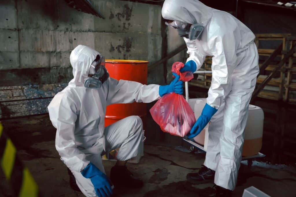 Two men in biohazard suits and masks holding a bag.