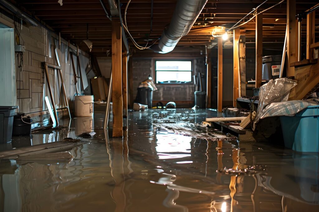 A flooded basement with standing water, in need of professional restoration.