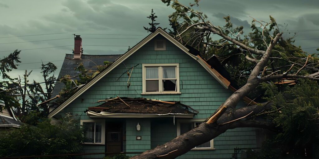 A house with a tree on top of it, showcasing professional restoration services.