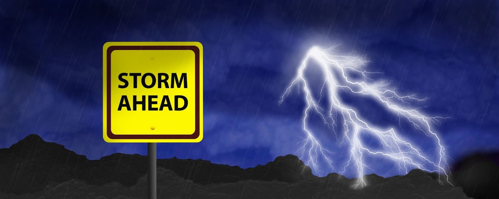 Storm ahead sign with lightning bolt, indicating severe thunderstorm warning and need for lightning storm preparation.