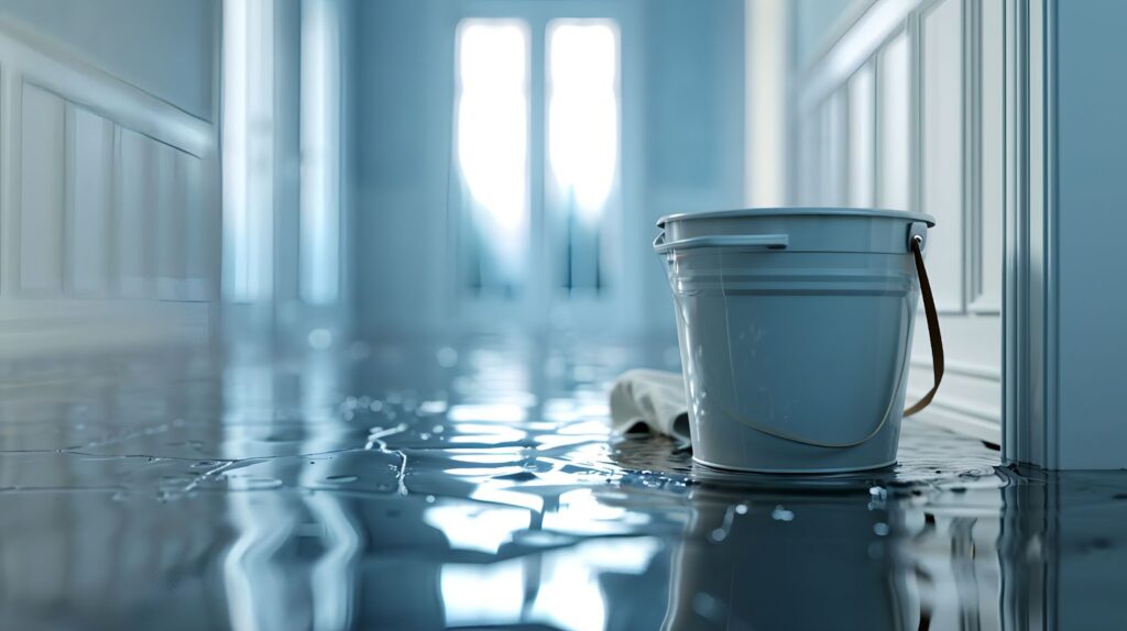 A bucket of water in a flooded room, part of water damage restoration process.