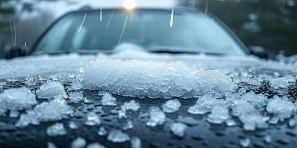 A car covered in ice and snow, illustrating the need for damage restoration after a storm.