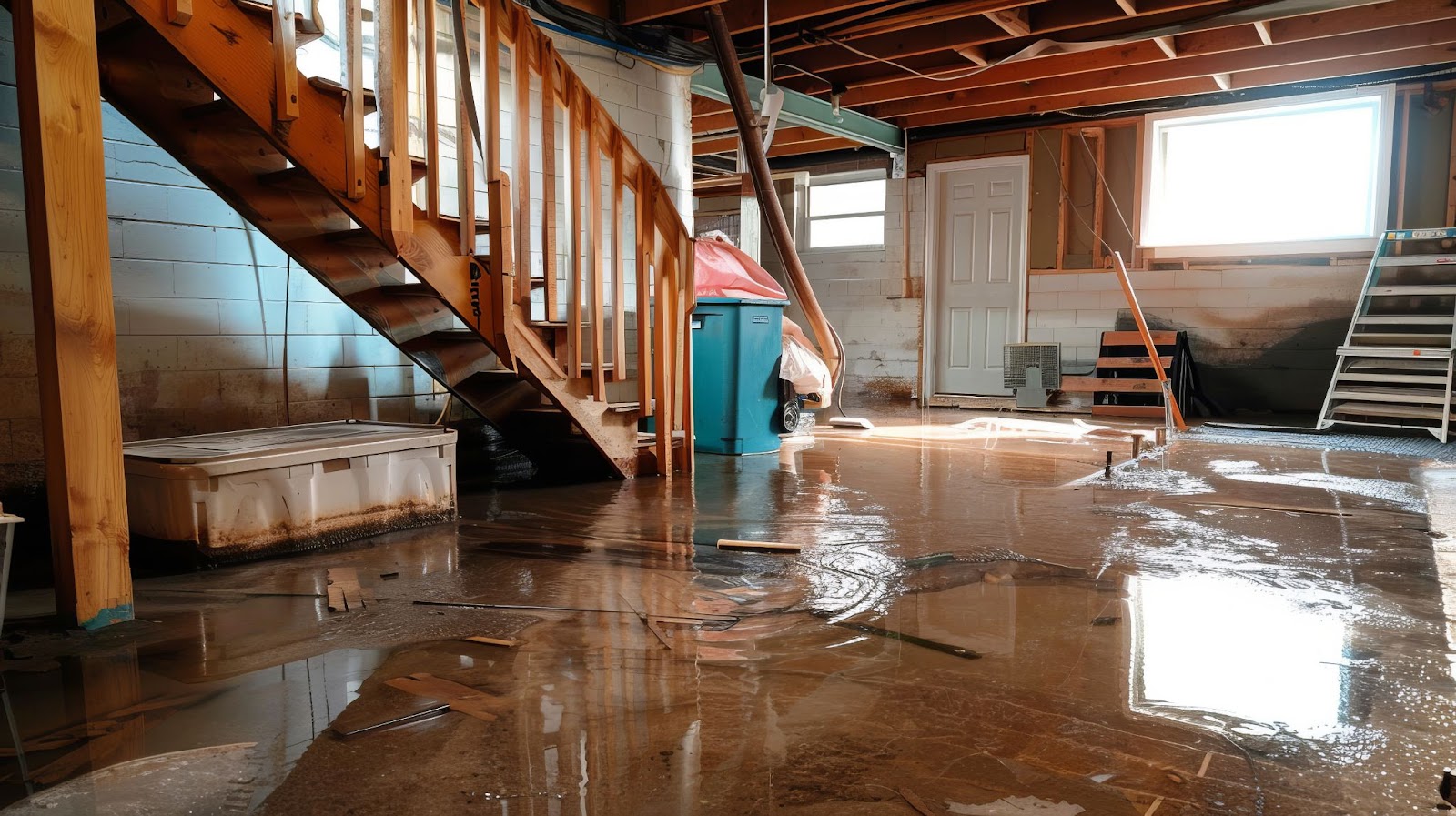 A flooded basement with stairs and a ladder.