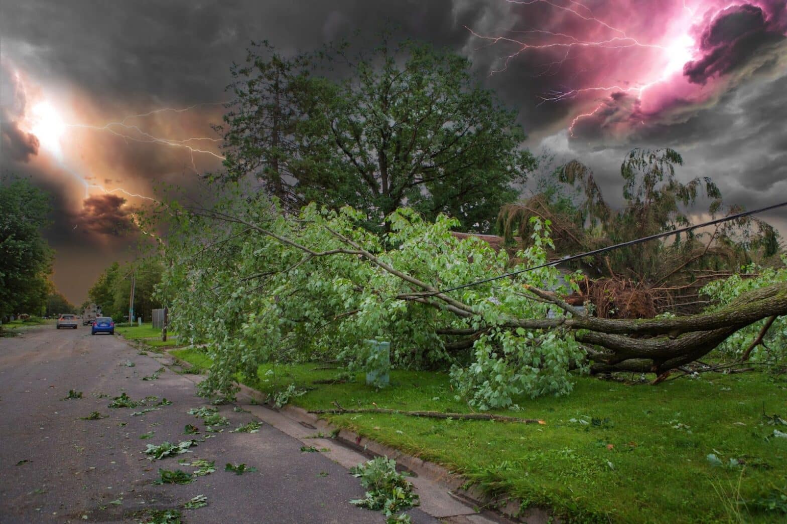 Lightning strikes a tree and street near a house, highlighting wind damage to the roof and shingles during cleanup efforts.