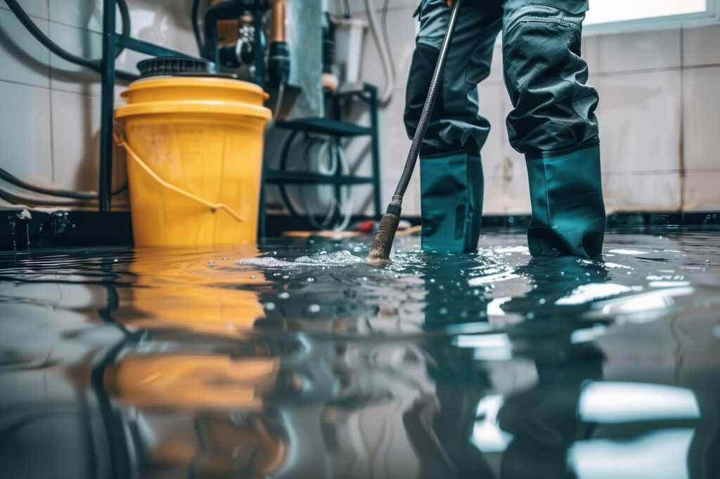 Man in blue shirt and yellow boots standing in flooded room, water damage restoration.