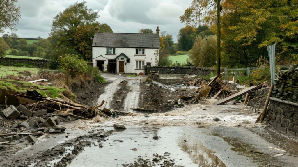 A flooded road with a house in the background, highlighting the aftermath of a natural disaster and the need for restoration efforts.