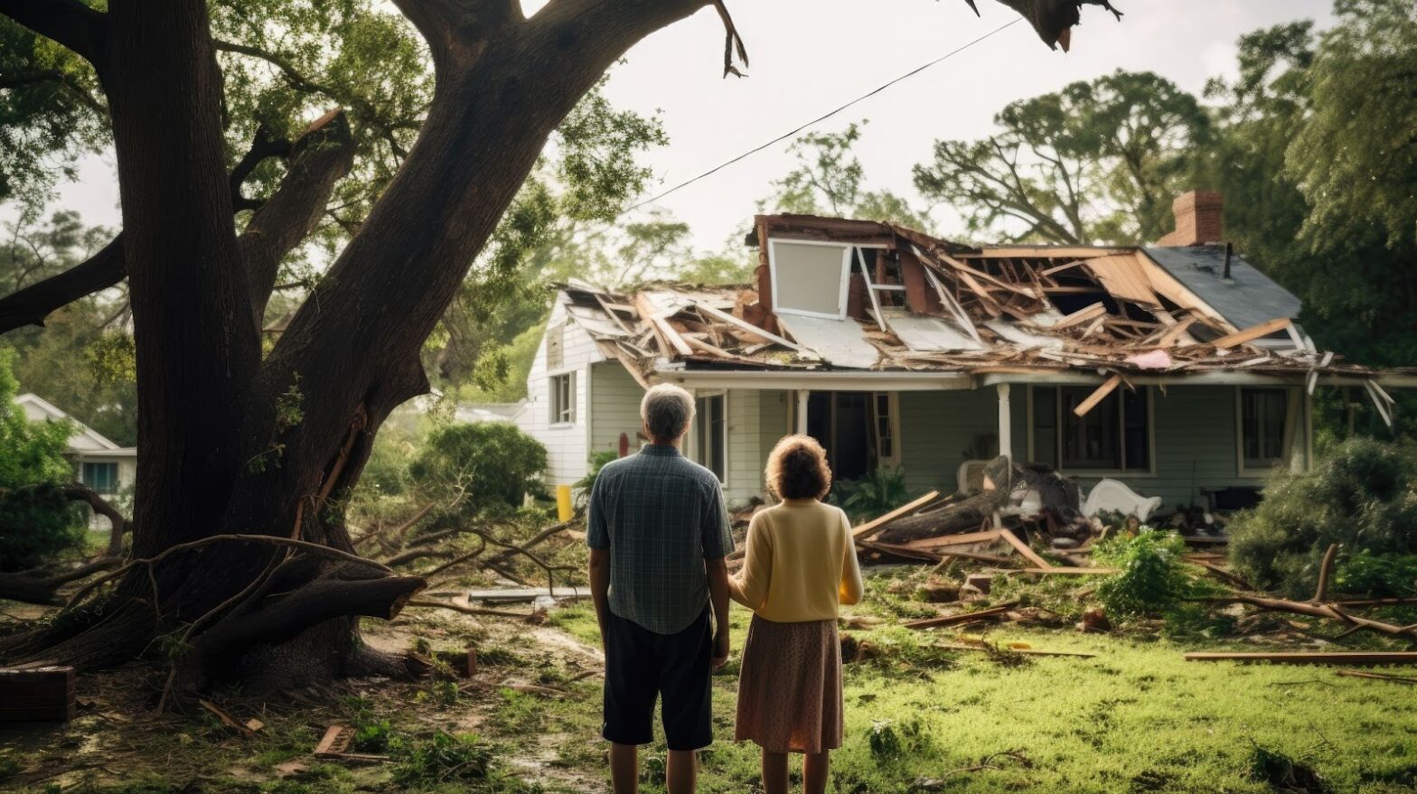 A man and woman stand before a tornado-damaged house, highlighting the challenges of natural disaster restoration and cleanup.