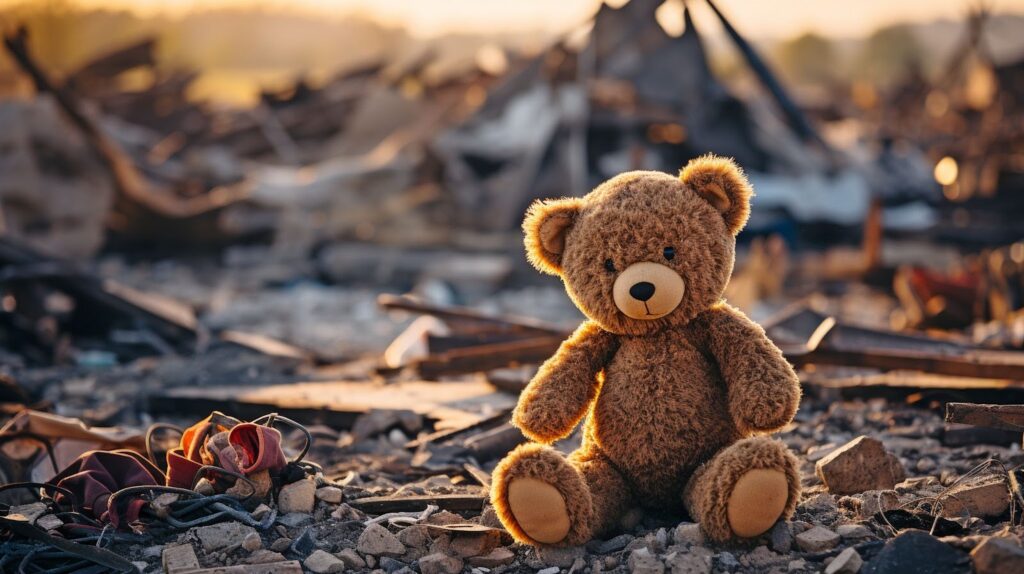 A teddy bear rests in front of rubble, symbolizing hope amid the challenges of natural disaster restoration and cleanup.