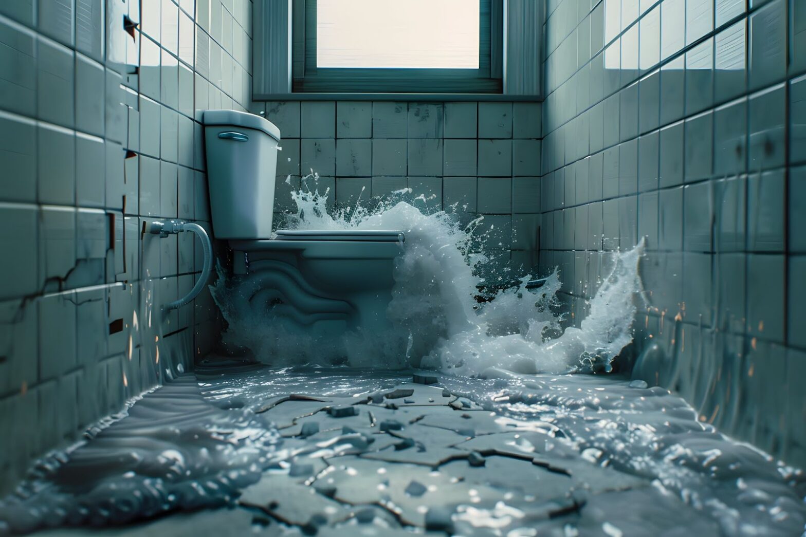 A toilet in a bathroom surrounded by splashing water, highlighting the aftermath of a disaster cleanup effort.