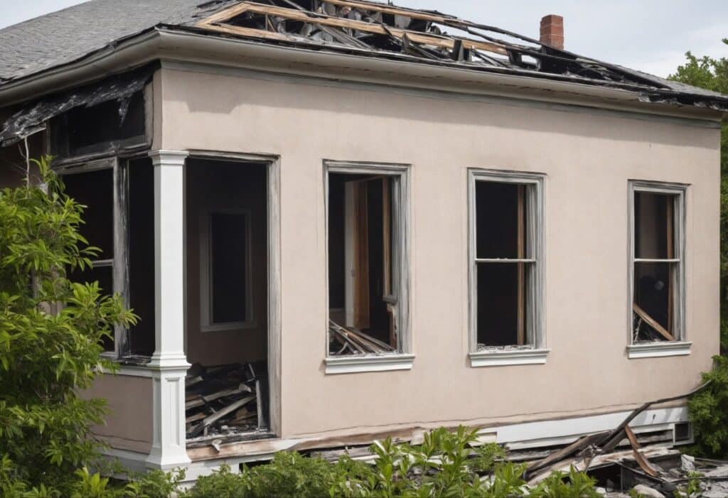 A fire-damaged house awaiting professional restoration and disaster cleanup services to restore it to its former condition.