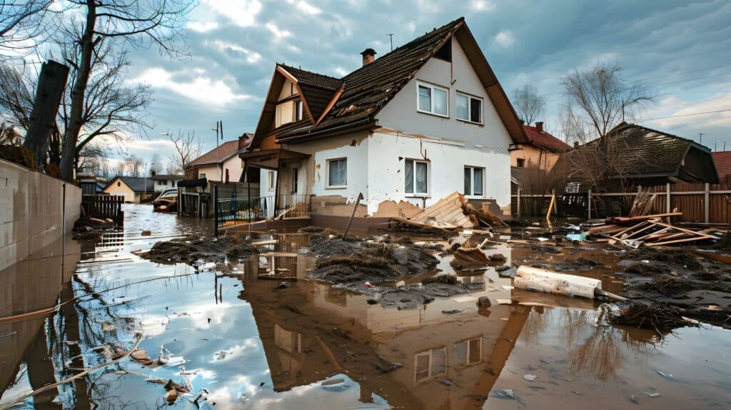 A house submerged in floodwaters, surrounded by a street affected by a natural disaster, highlighting the need for restoration efforts.