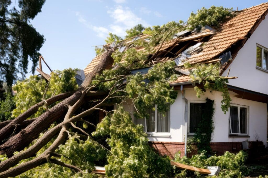 A house with a large tree on its roof, showing signs of wind damage and ongoing repair efforts.