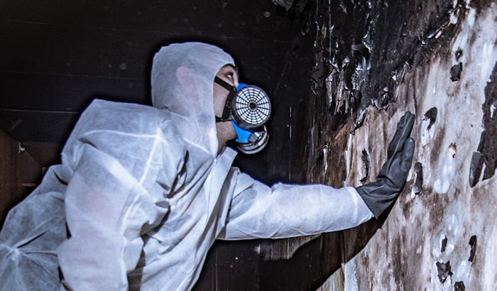 A man in a white suit and gloves cleans a room affected by mold and smoke damage in an apartment.