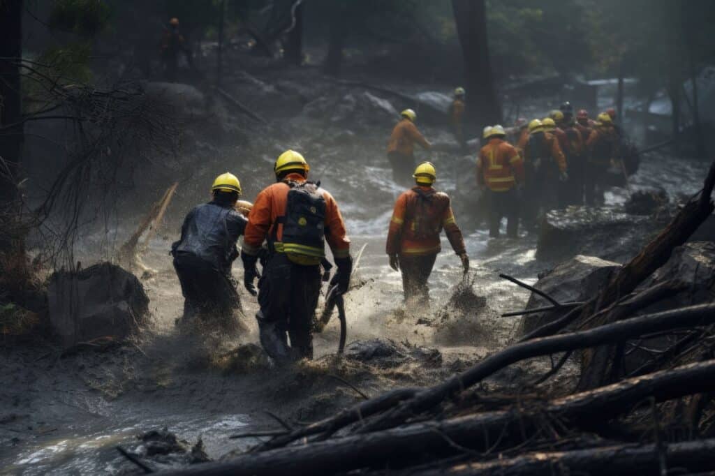 Firefighters engage in restoration efforts following the Oroville Dam spillway failure, protecting homes from disaster damage.