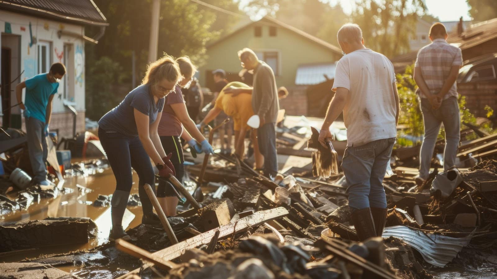 Individuals engaged in restoration efforts on a flooded street following a natural disaster, addressing cleanup and damage.