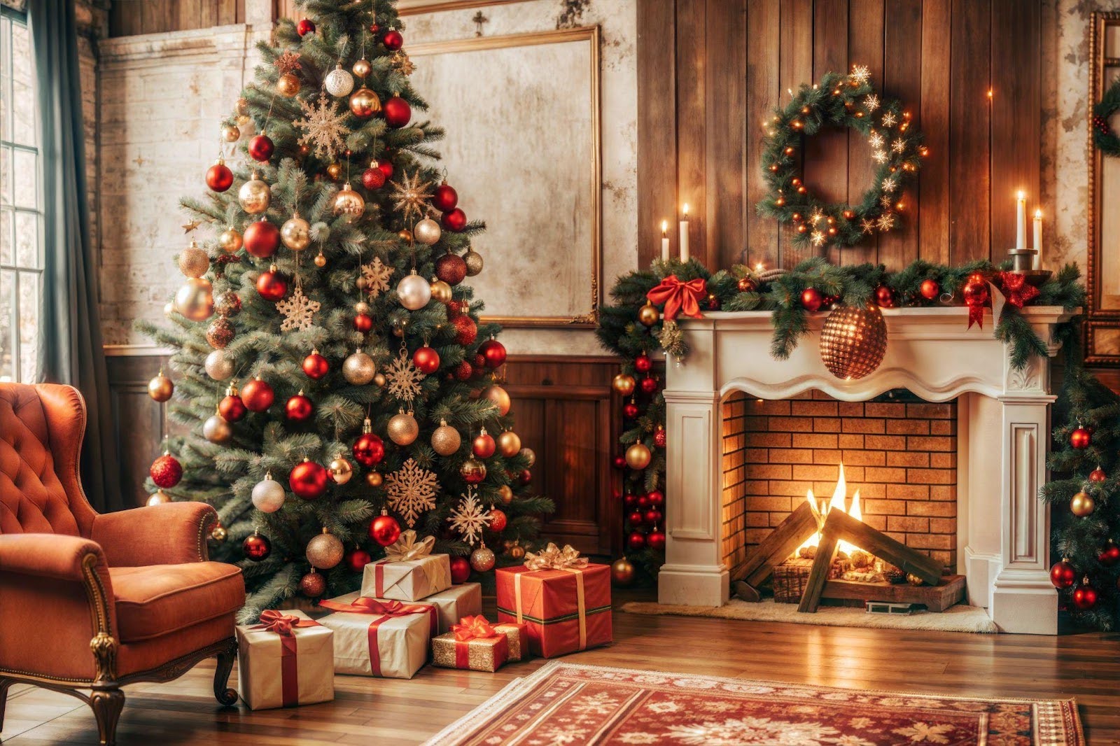 A cozy living room with a warm fireplace and a decorated Christmas tree, creating a festive vibe