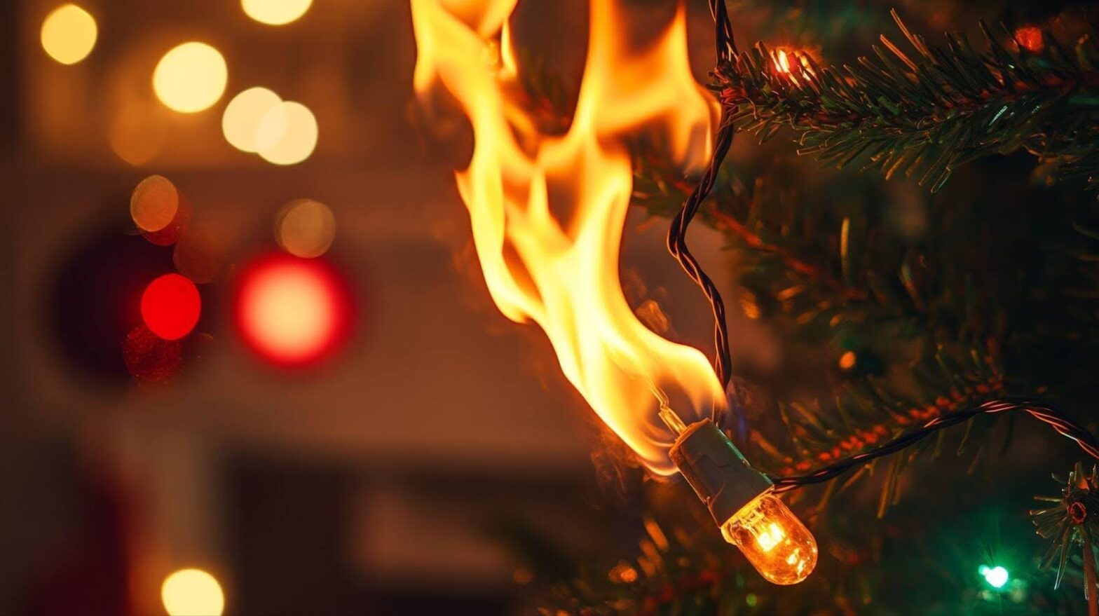 A festive Christmas tree with ornaments glows against a warm fire, evoking holiday cheer