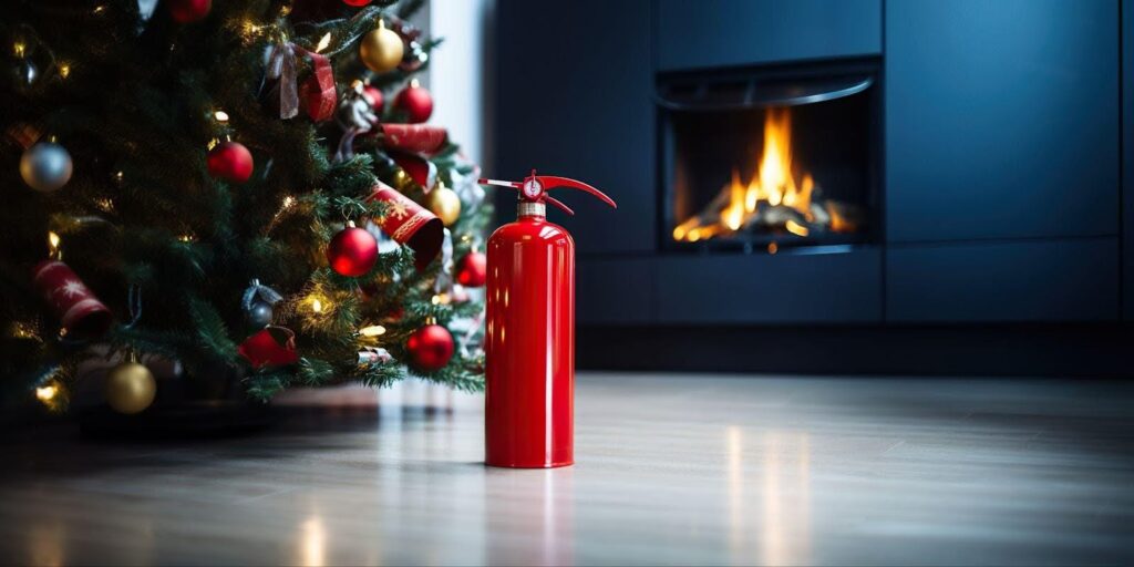 A red fire extinguisher in front of a decorated Christmas tree, ensuring safety during festivities