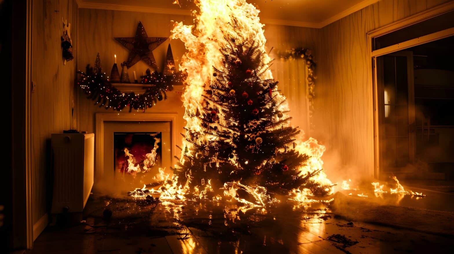 A room with a burning Christmas tree, emphasizing the risks of holiday fires and the need for fire prevention strategies.