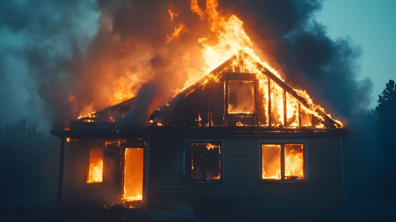 A house engulfed in flames with thick smoke billowing, highlighting the importance of preventing attic fires through professional assessments.