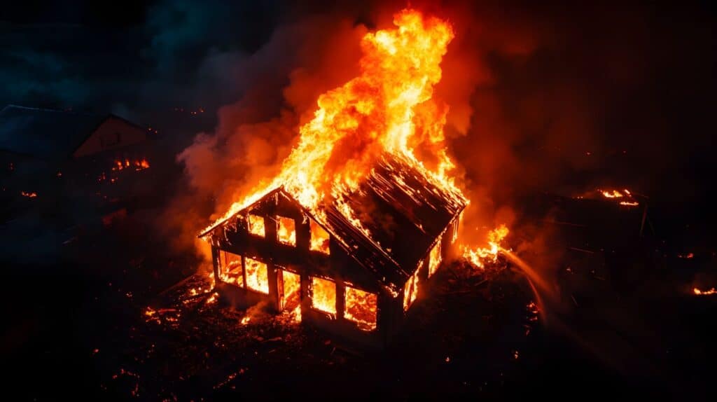 A house on fire in the darkness, underscoring the critical role of professional assessments in preventing attic fires.