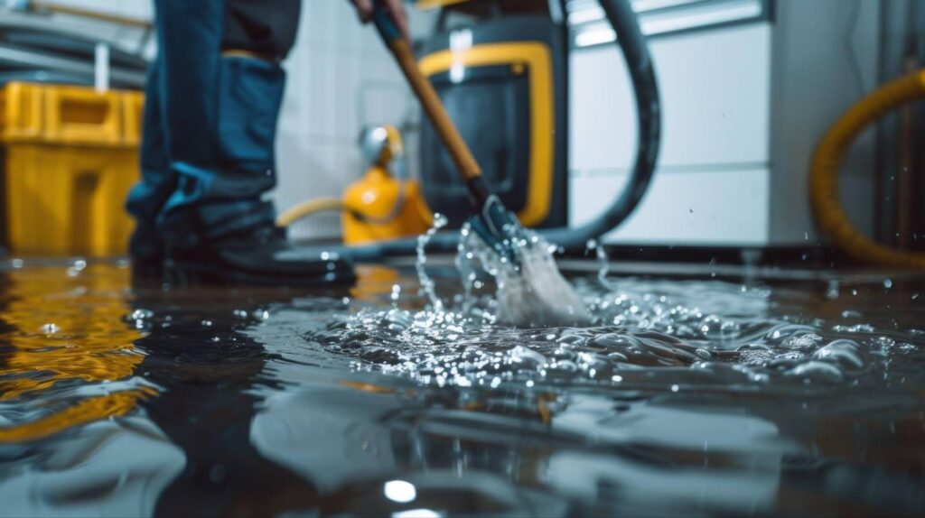 A person uses a hose to spray water, effectively cleaning up a wet area outdoors