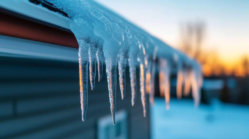 Ice glistens on a house roof as the sun sets, casting warm hues across the winter scene