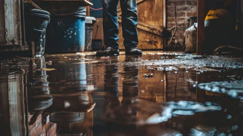 A man stands in a flooded room water dripping from the ceiling  showing the damage