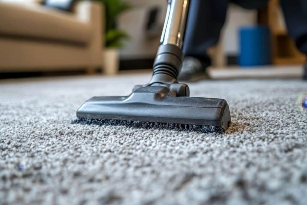 A person using a vacuum cleaner to thoroughly clean a carpet in a well-lit room