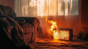 A room featuring a couch and a heater engulfed in flames, illustrating the devastation of a house fire.