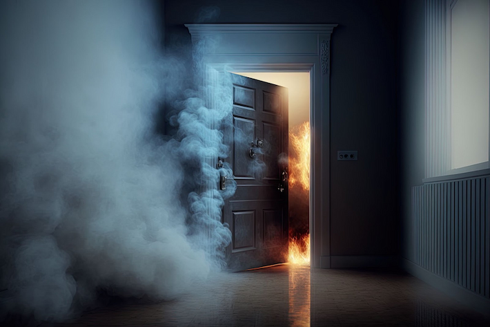 An open door with smoke billowing out, indicating a house fire and the need for fire restoration efforts.