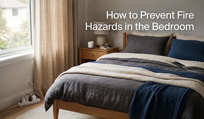 A bedroom with text reading How to Prevent Fire Hazards in the Bedroom.