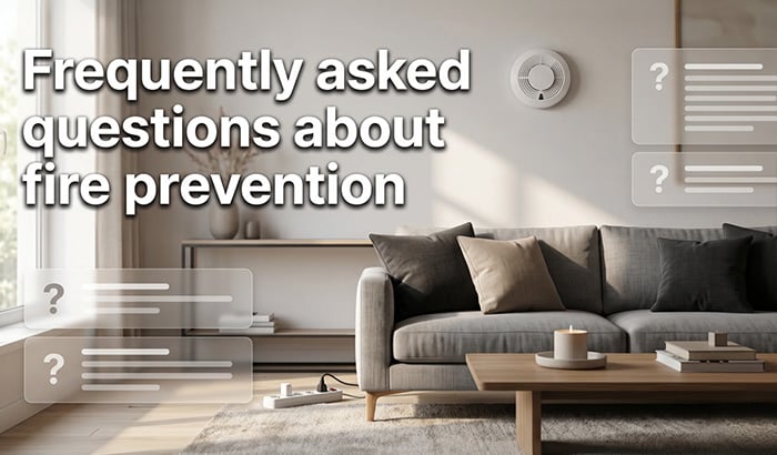 A living room with text reading Frequently asked questions about fire prevention.