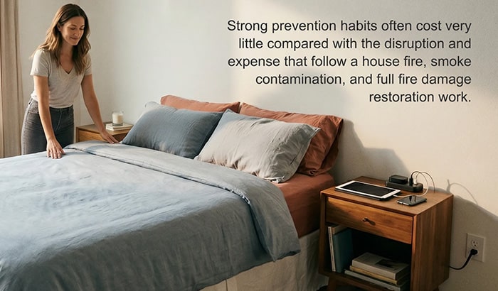 A woman making a bed with text about fire prevention habits.