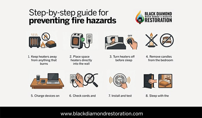 An infographic titled Step-by-step guide for preventing fire hazards featuring eight numbered safety tips with corresponding illustrations.