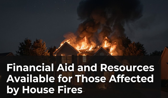 A house on fire at night with text overlay reading Financial Aid and Resources Available for Those Affected by House Fires.