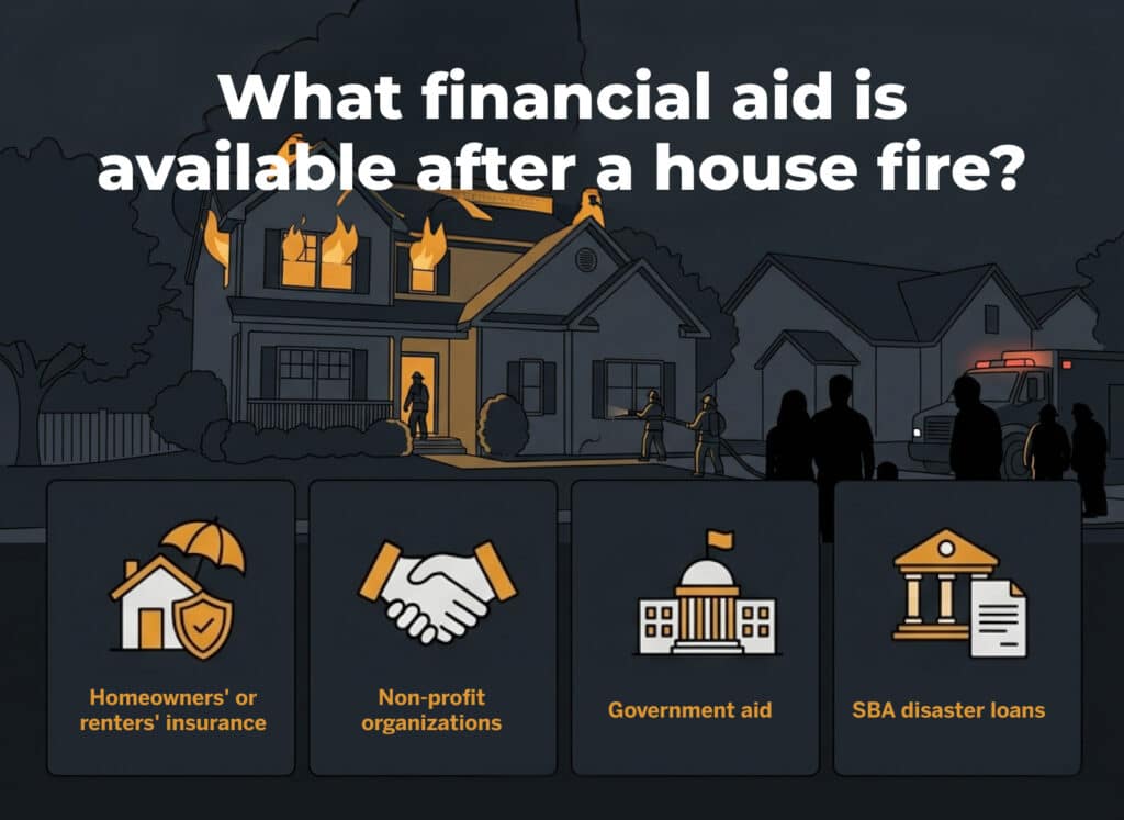 An infographic answering What financial aid is available after a house fire with four categories insurance, non-profit organizations, government aid, and SBA disaster loans.