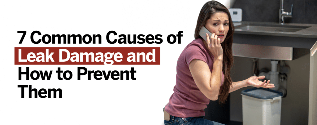 Infographic showing seven causes of leak damage with prevention tips