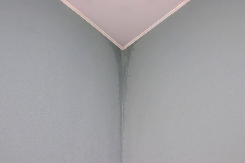 Interior corner of a room showing a prominent water stain on the wall suggesting previous moisture issues