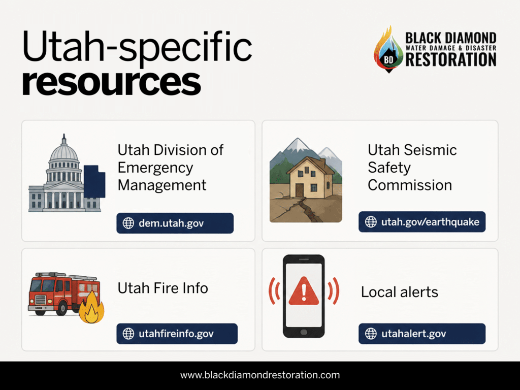 Infographic showcasing Utah resources featuring icons for parks educational institutions and local services