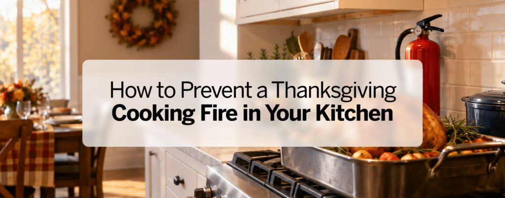 An infographic with tips to prevent cooking fires featuring a stove smoke detector and fire extinguisher