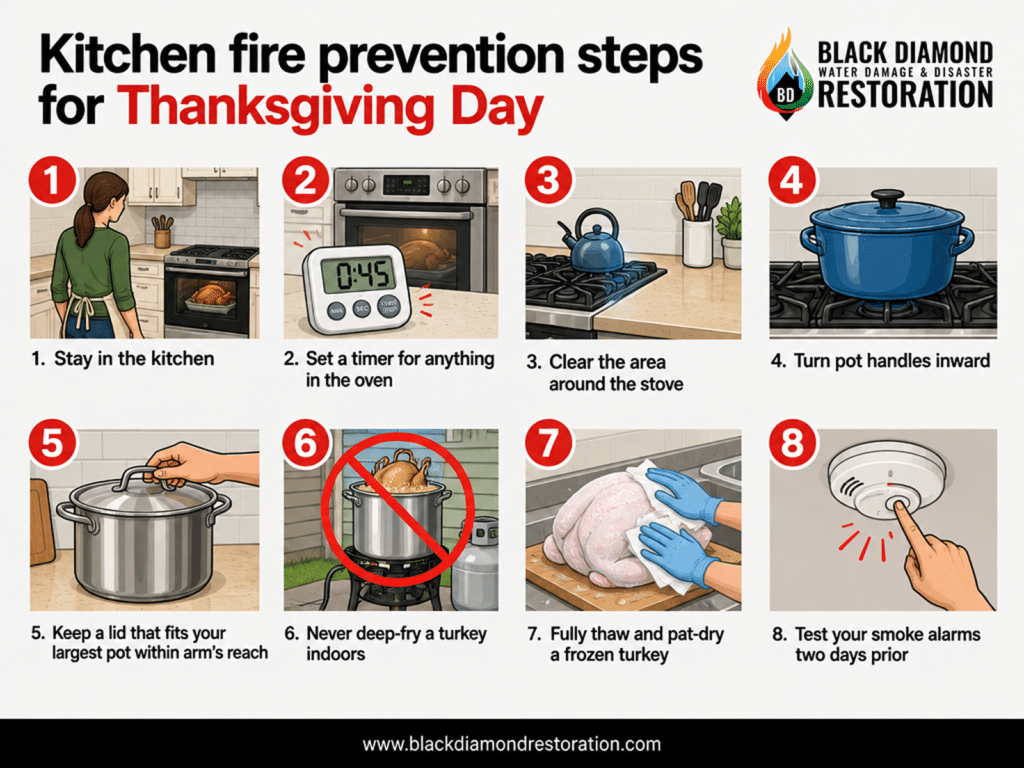 Educational image outlining key fire prevention measures for Thanksgiving cooking stressing vigilance and preparedness