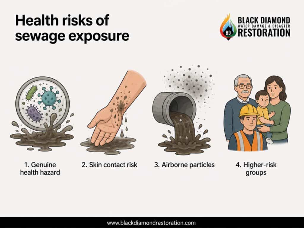 Infographic on health risks from sewage exposure emphasizing diseases and prevention